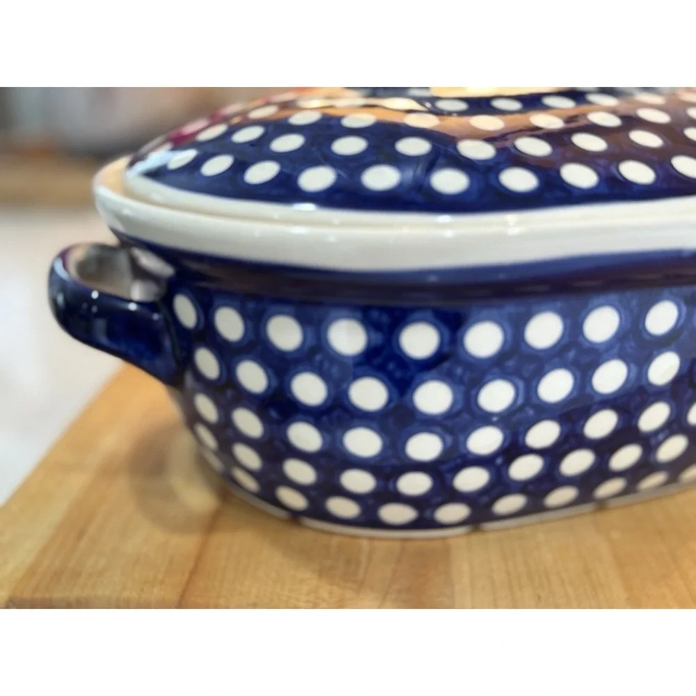 Handmade BOLESLAWIEC Polish Blue Pottery Oval  Baker With Lid WIZA